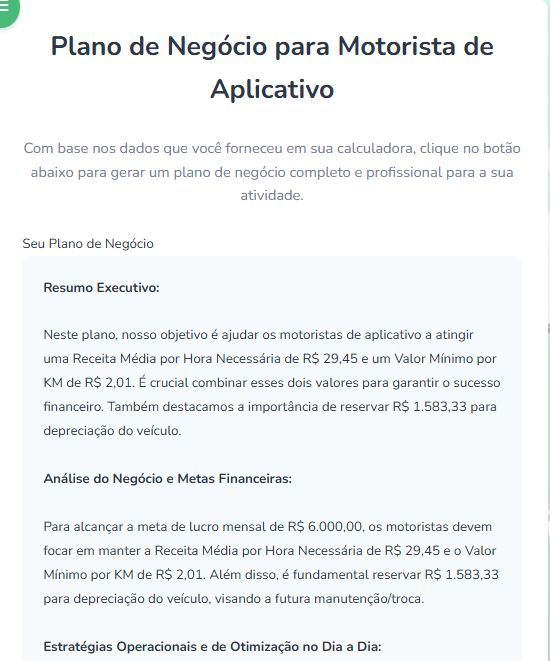 Tela do aplicativo mostrando um plano de negócios gerado